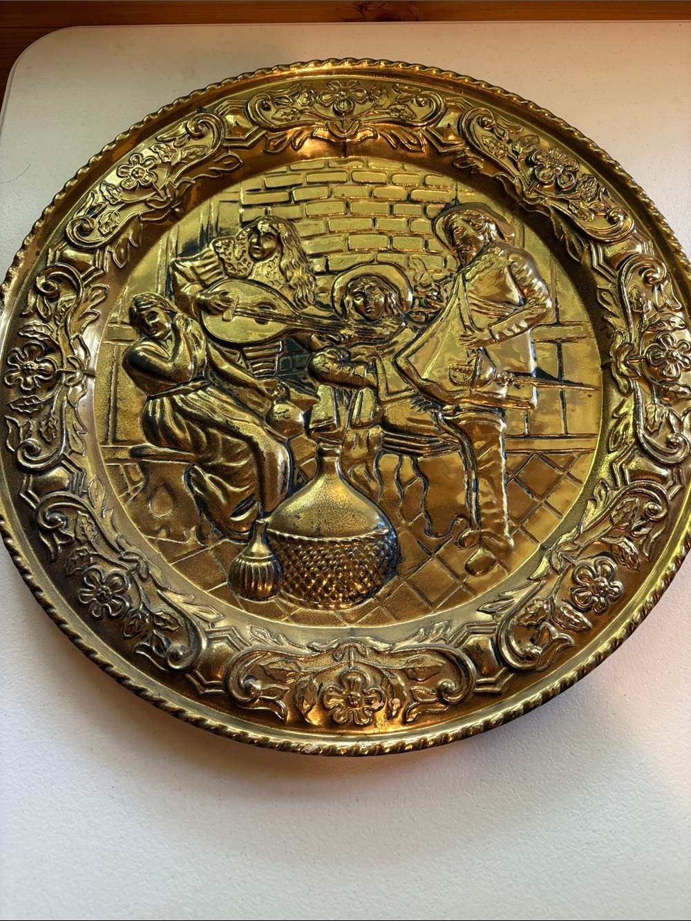 Vintage Decorative Brass Wall Plate - Musical Scene